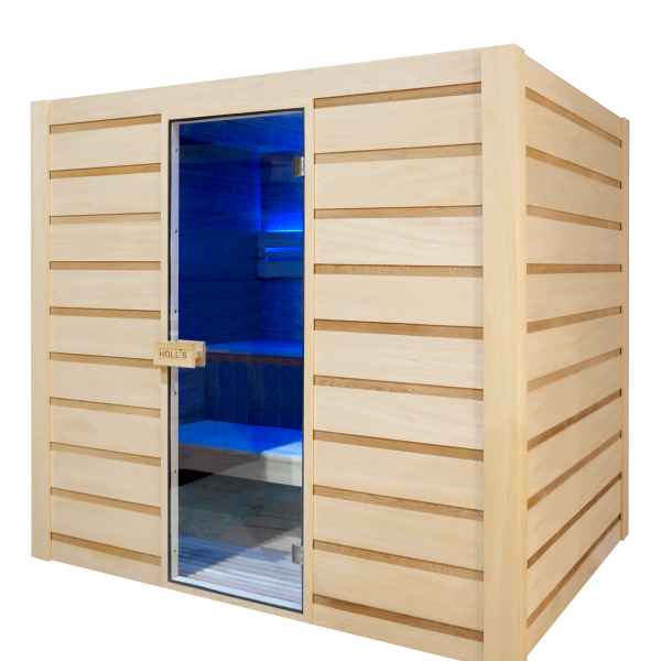 Sauna rectangulaire moderne en bois clair avec porte vitrée gravée « HOLL'S » et éclairage d’ambiance bleu intérieur.