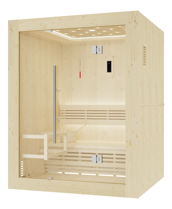Cabine de sauna cubique en bois clair avec porte vitrée et deux niveaux de bancs en bois.