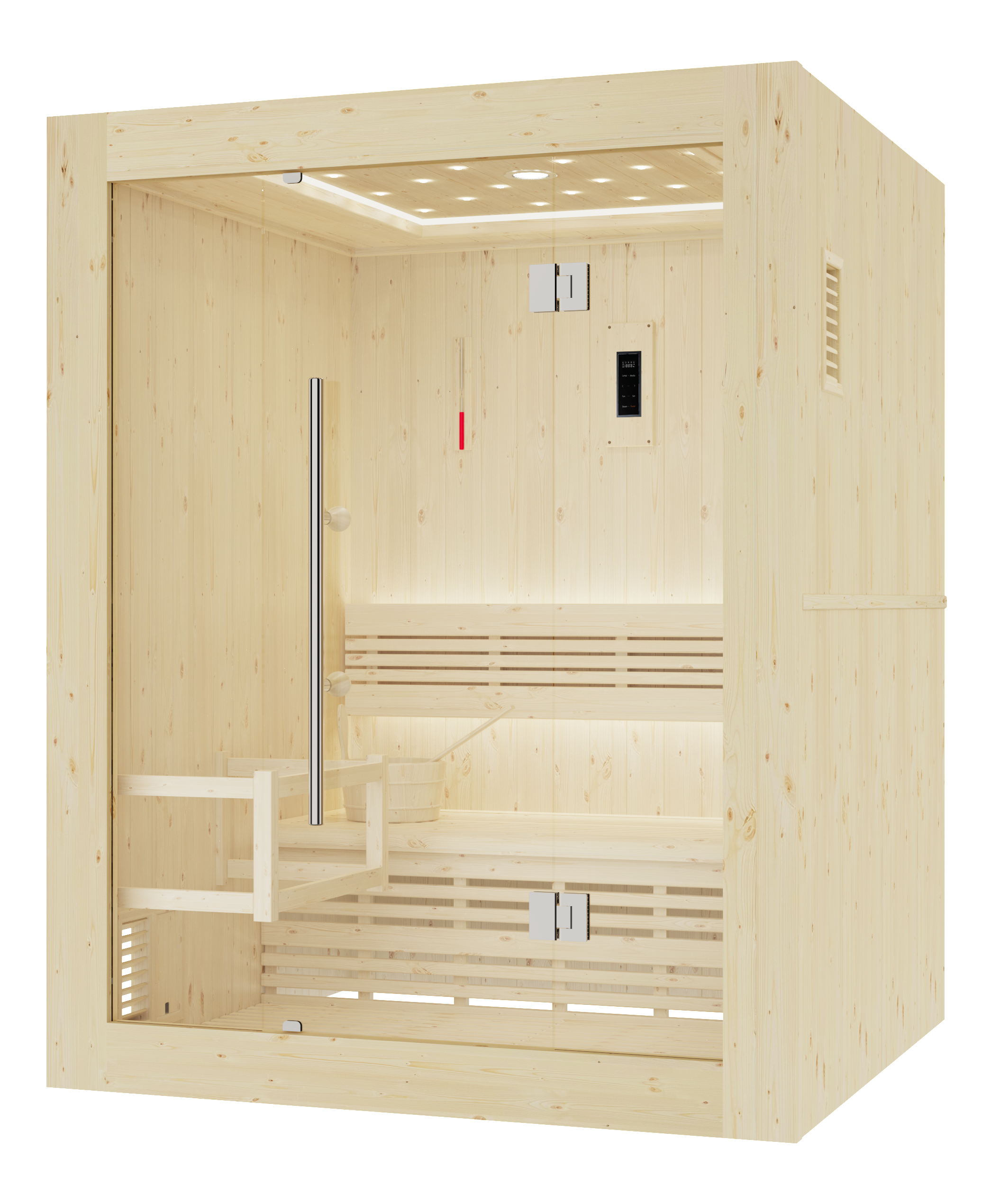 Cabine de sauna cubique en bois clair avec porte vitrée et deux niveaux de bancs en bois.