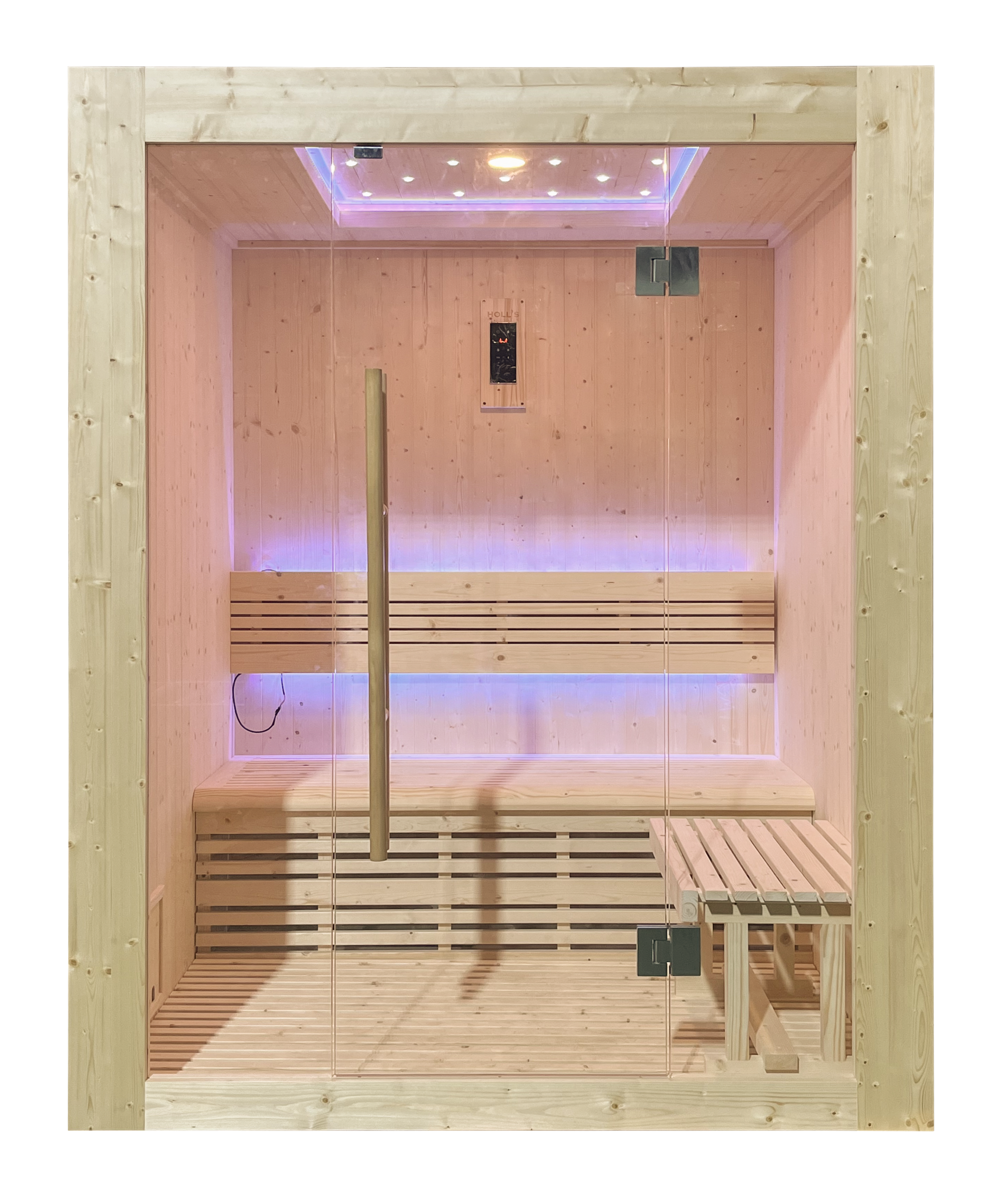 Cabine de sauna moderne en bois clair avec porte vitrée, éclairage LED bleu et panneau de commande numérique.