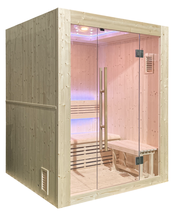 Cabine de sauna moderne en bois clair avec grandes portes vitrées et éclairage LED bleu clair.