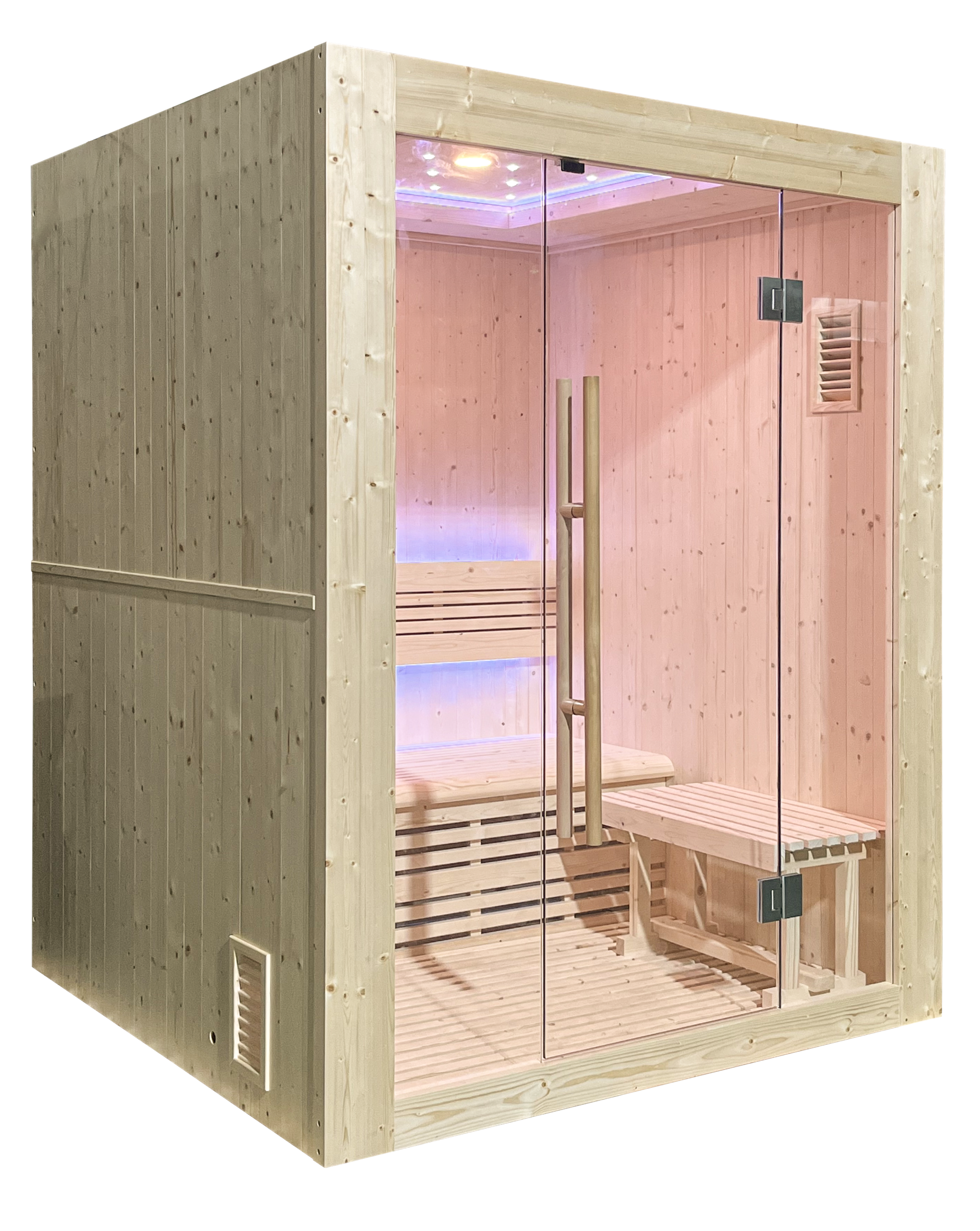 Cabine de sauna moderne en bois clair avec grandes portes vitrées et éclairage LED bleu clair.