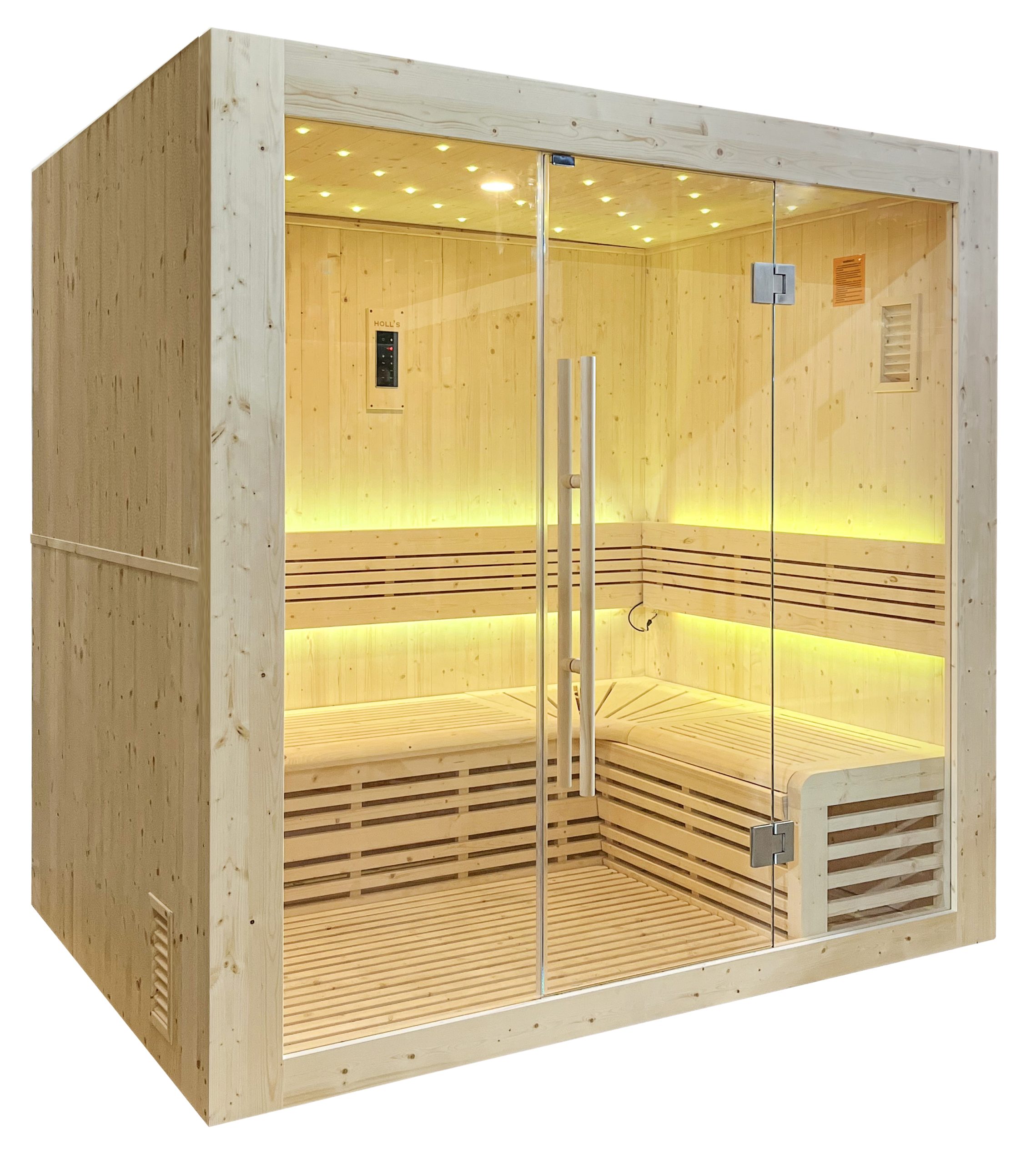Cabine de sauna moderne en bois clair avec portes vitrées, bancs en L et éclairage LED jaune chaud chaleureux.