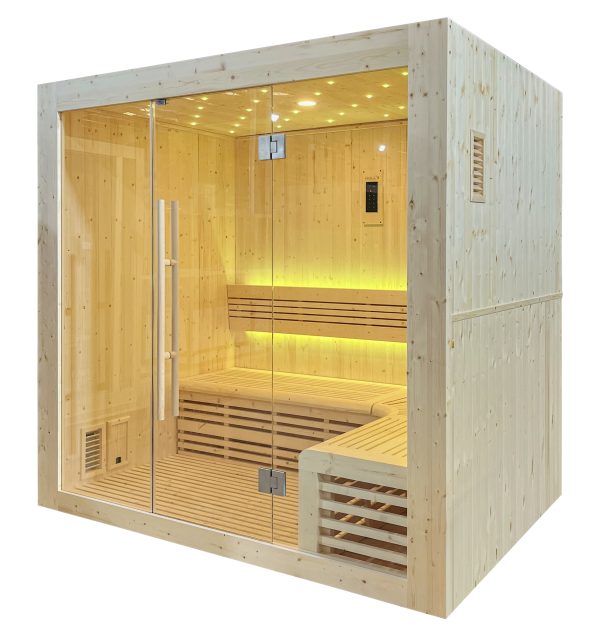 Cabine de sauna moderne en bois clair avec portes vitrées, bancs en L et éclairage LED jaune chaud chaleureux.