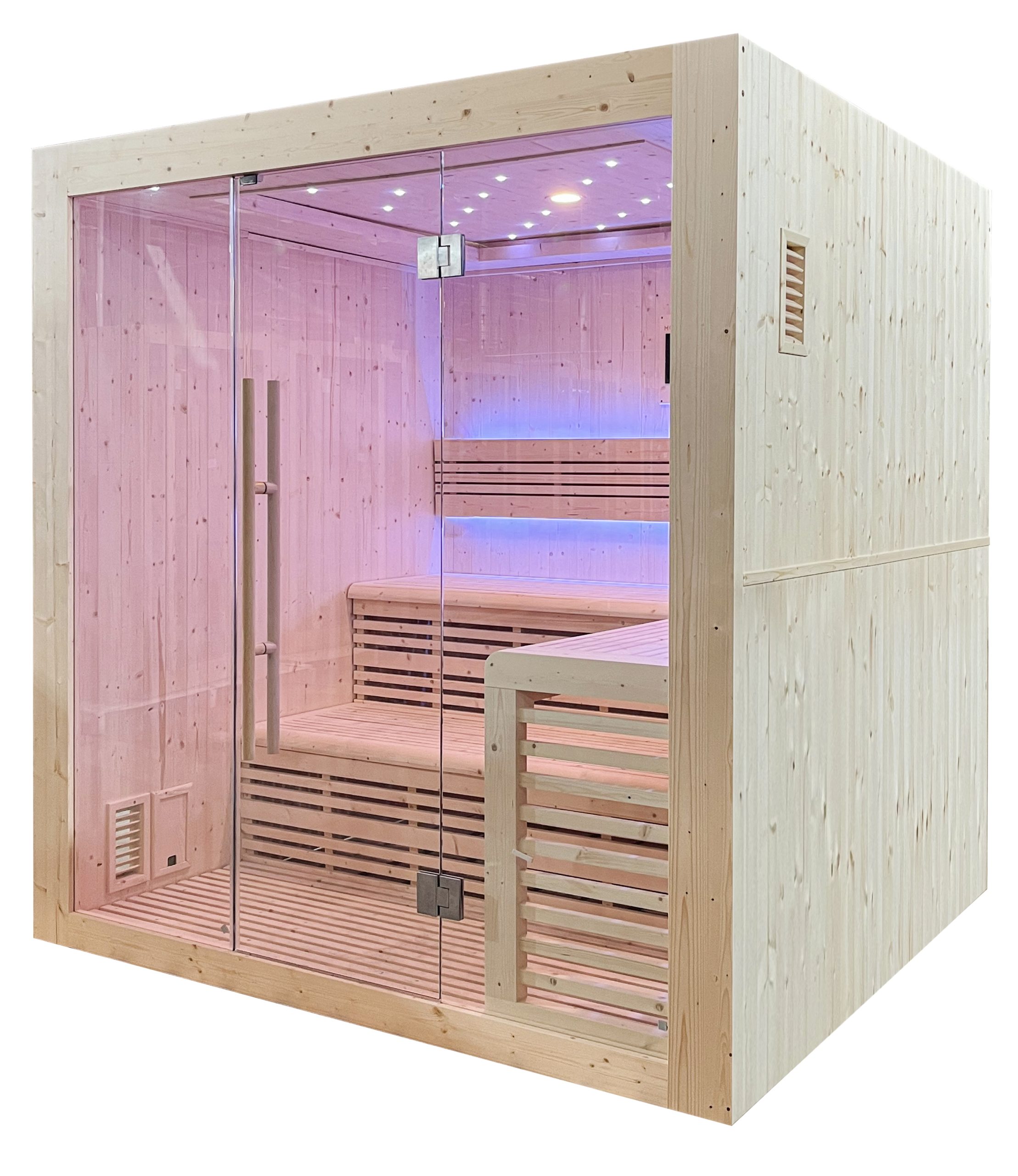 Cabine de sauna moderne en bois clair avec portes vitrées, bancs en L et éclairage LED bleu relaxant.