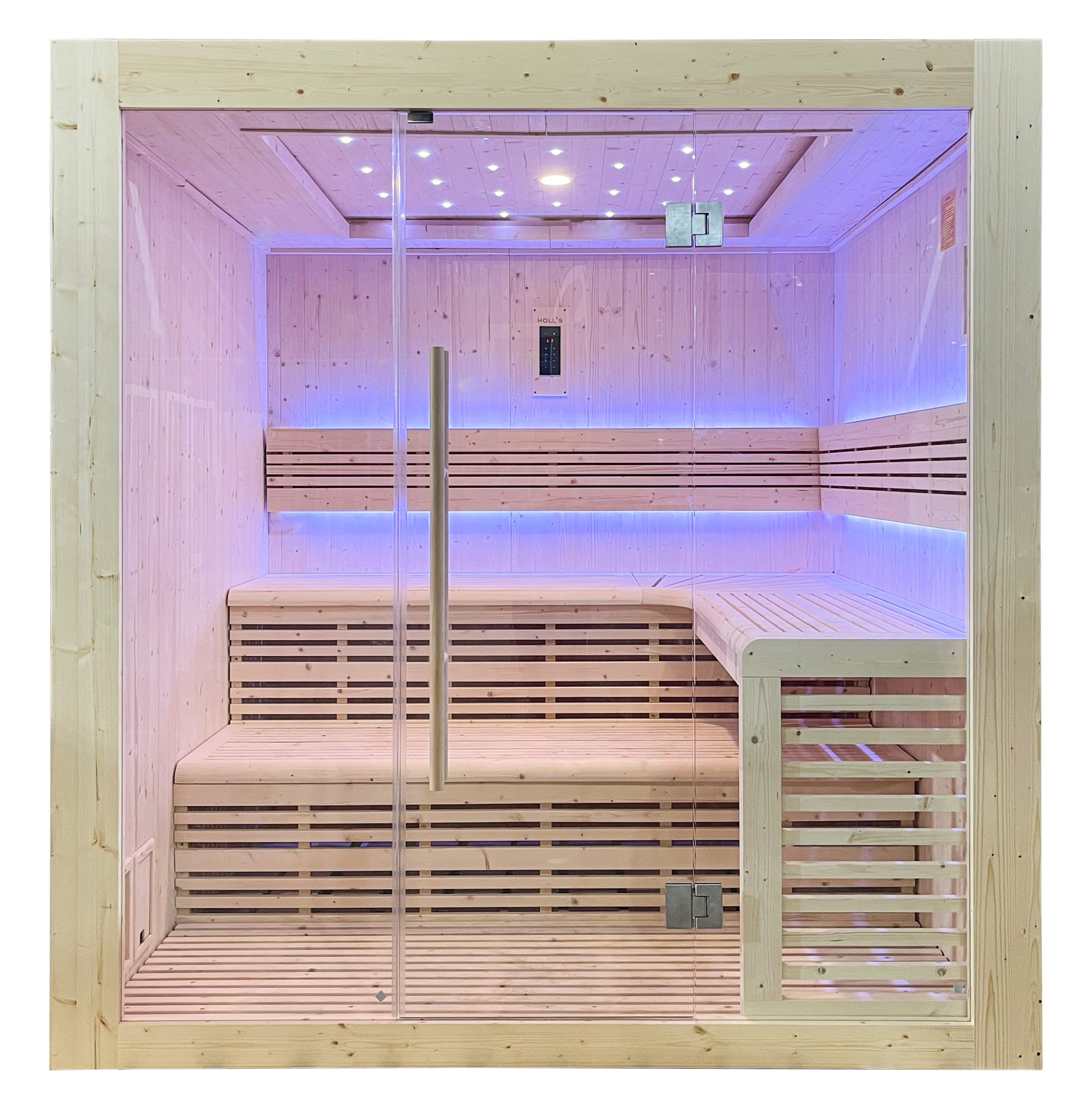 Cabine de sauna moderne en bois clair avec porte vitrée, banquettes en L à deux niveaux et éclairage LED bleu.