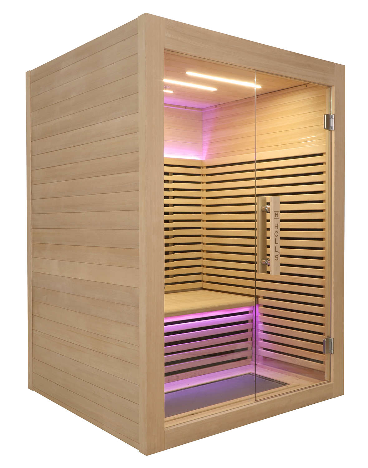 Cabine de sauna compacte en bois clair avec porte vitrée et éclairage LED violet.