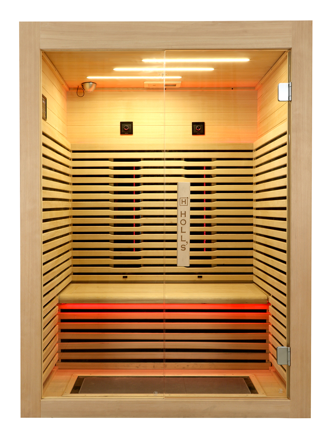 Cabine de sauna compacte en bois clair avec porte vitrée et éclairage chaleureux.