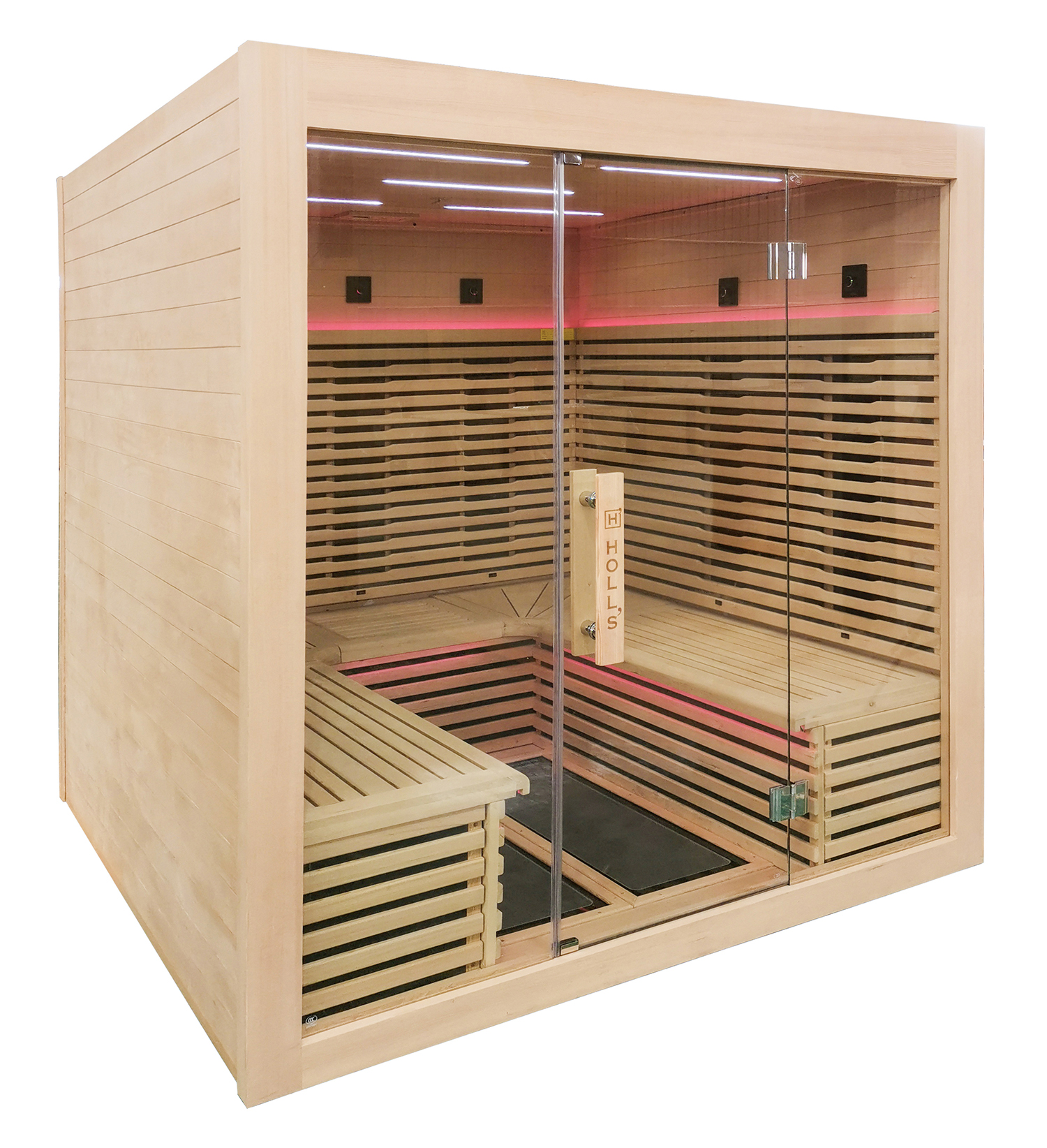 Cabine de sauna moderne en bois clair avec parois vitrées et éclairage intégré.