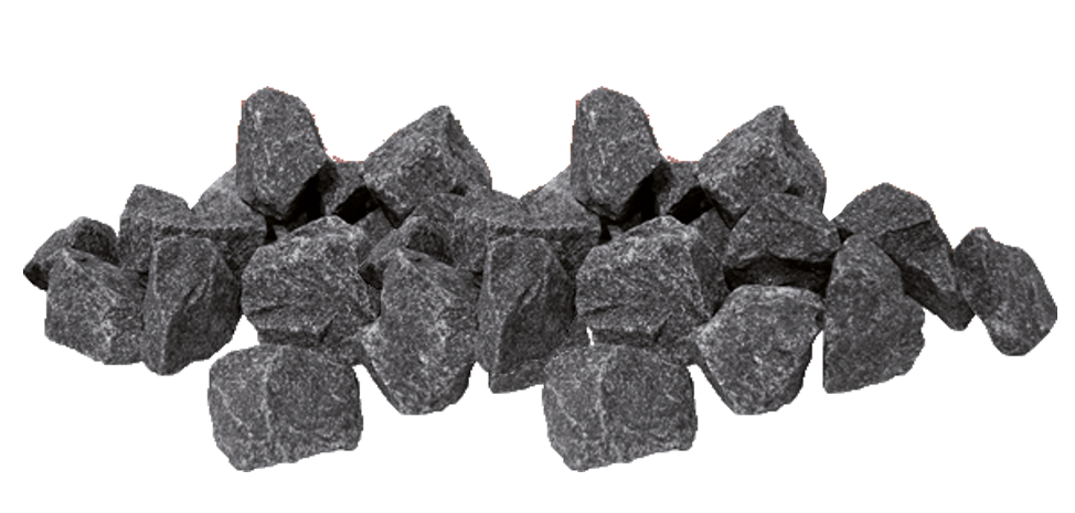 Empilement de pierres gris foncé de forme irrégulière, texture rugueuse.